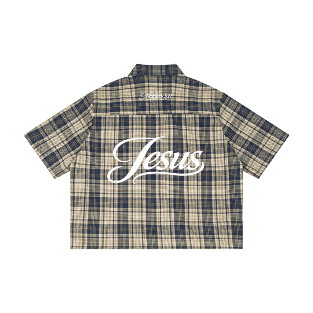 His Name Is Jesus Plaid Boxy Short Sleeve Shirt